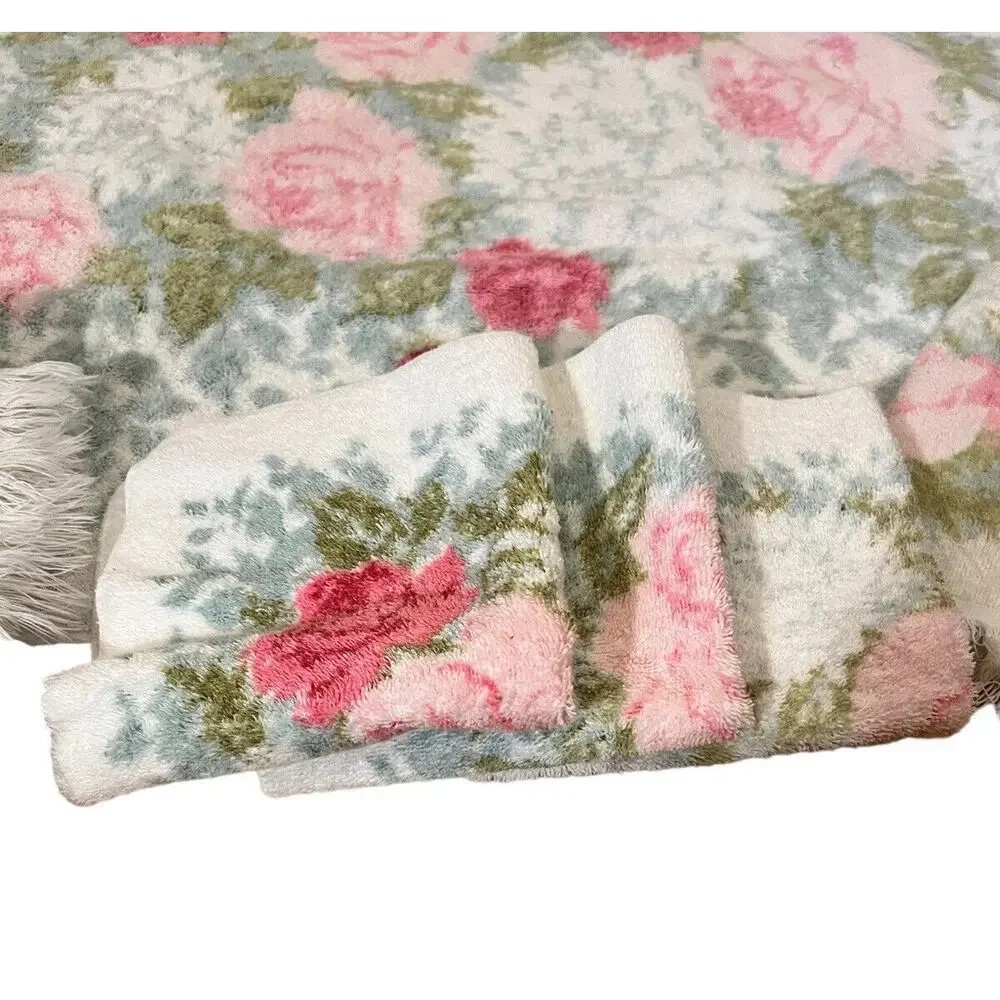 Vtg 9 Piece Fieldcrest Floral Roses Bath Towel Set Fringe Retro Cottage core USA